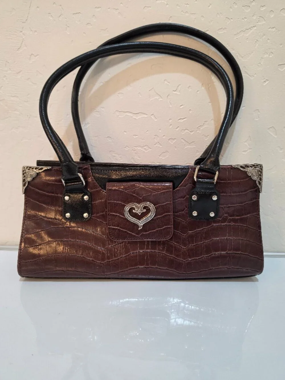 Vintage Brighton Croc Embossed Leather Satchel Shoulder Bag Brown Black Heart